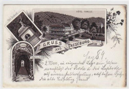 39008906 - Lithographie Gruss Aus Treseburg Mit Hotel Forelle, Pfeil-Denkmal Und Wilhelms-Blick. Karte Beschrieben Oxyd - Sonstige & Ohne Zuordnung