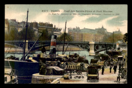 75 - PARIS 1ER - PONT DES SAINTS-PERES ET PORT NICOLAS - CARGO A QUAI - CARTE COLORISEE - District 01