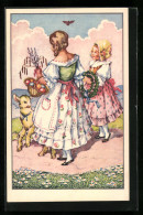 AK Zwei Kleine Mädchen Mit Einem Korb Voll Mit Ostereiern, Grusskarte  - Ostern