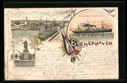 Lithographie Bremerhaven, Schnelldampfer Des Nordd. Lloyd, Bürgermeister Smidt-Denkmal  - Bremerhaven