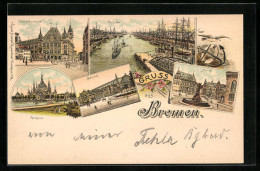 Lithographie Bremen, Gerichtsgebäude, Freihafen, Bahnhof  - Bremen