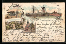 Lithographie Wilhelmshaven, Flaggenstation, Rathaus, Dampfer, Kriegsschiffe  - Wilhelmshaven