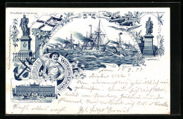 Lithographie Wilhelmshaven, Kriegsflotte Auf Hoher See, Werftthorgebäude, Denkmäler  - Wilhelmshaven