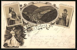 Lithographie Triberg, Wasserfall, Ortsansicht Aus Der Vogelschau, Volkstrachten Aus Schonach Und Gutach  - Triberg
