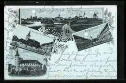 Mondschein-Lithographie Jessen, Lange Strasse, Schloss, Panorama Mit Windmühle  - Jessen
