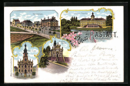 Lithographie Rastatt, Bahnhofstrasse, Schloss Favorite, Kath. Kirche  - Rastatt