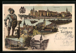 Lithographie Torgau, Schloss, Gymnasium, Stadtkirche, Stadtansicht  - Torgau