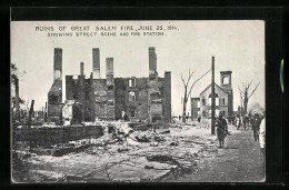 AK Salem, MA, Ruins Of Great Salem Fire, June 25, 1914, Showing Street Scene And Fire Station  - Altri & Non Classificati