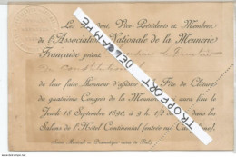 PK / CARTE ASSOCIATION NATIONALE DE LA MEUNERIE  INVITATION 1890  HOTEL CONTINENTAL // BAL CONGRES MEUNERIE - Membership Cards