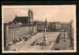 AK Linz A. D. D., Platz Mit Denkmal Und Strassenbahn  - Tranvía