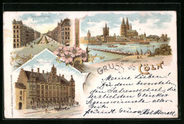 Lithographie Cöln, Hohenstaufenring, Reichsbank, Pontonbrücke über Den Rhein  - Köln