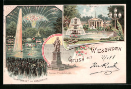 Lithographie Wiesbaden, Gartenfest Im Kurgarten, Kaiser Friedrich III. Denkmal  - Wiesbaden