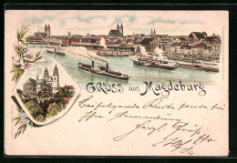 Vorläufer-Lithographie Magdeburg, Ortsansicht Mit Dampfern 1895  - Maagdenburg