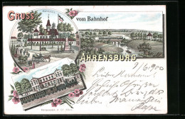 Lithographie Ahrensburg, Bahnhof, Marktplatz, Panorama  - Ahrensburg