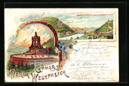 Lithographie Porta Westfalica, Provinzialdenkmal, Brücke  - Sonstige & Ohne Zuordnung