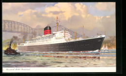 AK Passagierschiff Cunard R.M.S. Saxonia, Unter Einer Brücke Durchfahrend  - Dampfer