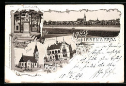 Lithographie Liebenwerda, Kreishaus, Kirche, Denkmal Friedrich W. III.  - Bad Liebenwerda