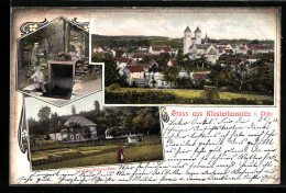 AK Klosterlausnitz I. Thür., Gasthaus Waldschlösschen, Kaiser-Wilhelm-Quelle, Teilansicht Mit Kirche  - Bad Klosterlausnitz