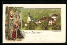 Passepartout-Lithographie Birkenstein Am Fusse Des Wendelstein, Ortspartie Mit Kirche, Frau Und Kind Am Flurkreuz  - Other & Unclassified