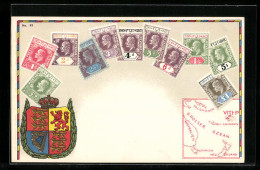 AK Briefmarken Der Fiji-Inseln, Landkarte Und Wappen  - Sellos (representaciones)