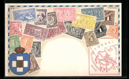 AK Briefmarken Griechenlands, Landkarte Und Wappen  - Timbres (représentations)