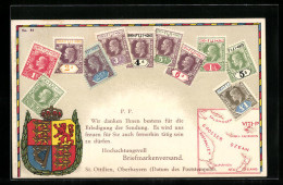 AK Briefmarken Von Fiji, Landkarte Und Wappen, Korrespondenz- Und Werbekarte Briefmarkenversand St. Ottilien  - Briefmarken (Abbildungen)