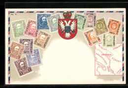 AK Briefmarken Von Montenegro, Landkarte Und Wappen  - Timbres (représentations)