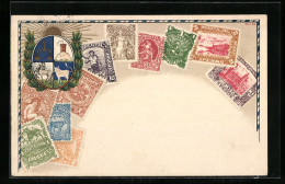 AK Briefmarken Und Wappen Von Uruguay  - Timbres (représentations)