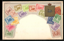 AK Briefmarken Und Wappen Von Australien  - Briefmarken (Abbildungen)