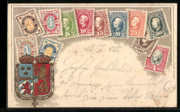 Präge-Lithographie Briefmarken Von Schweden Und Schwedisches Wappen  - Timbres (représentations)