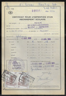 Belgium Parcel Stamps Sc. Q348 On Document DC1723 “Certificate For Obtaining A School Subscription” Ransart 20.11.65 - Documenten & Fragmenten