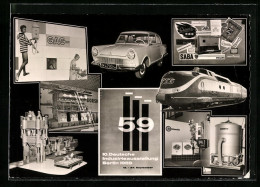 AK Berlin, 10. Deutsche Industrieausstellung 1959, Saba, Bauknecht, Nilfisk, Trans-Europ-Express  - Exhibitions