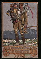 Künstler-AK Carl Moos: München, Ausstellung 1908, Bergsteiger Mit Müchner Kindl Auf Dem Arm  - Tentoonstellingen