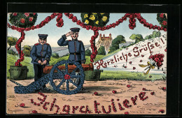 Künstler-AK Ich Gratuliere, Herzliche Grüsse!, Blumenartillerie Feuert  - War 1914-18