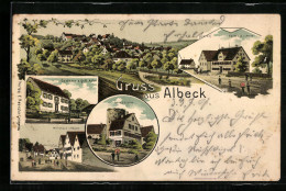 Lithographie Albeck, Gasthaus Zum Gold. Adler, Wirtshaus Z. Rössle, Schlossruine  - Sonstige & Ohne Zuordnung