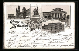 Lithographie München, Feldherrnhalle & Theatinerkirche, Hoftheater, Residenz  - Theater