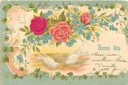 Carte Gaufrée -  Theme Oiseaux Colombe Fleurs Bonne Fete     Q 2594 - Oiseaux