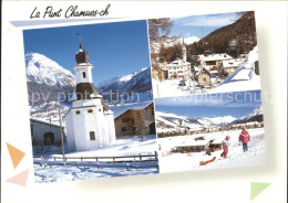 11871542 La Punt-Chamues-ch Kirche Teilansicht Kinder Schlitten La Punt-Chamues- - Autres & Non Classés