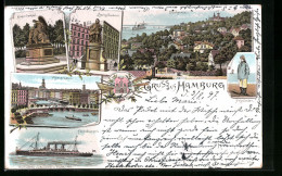 Lithographie Hamburg, Lessing-Denkmal, Alsterarkaden, Blankenese, Helgoländer, Dampfschiff Fürst Bismarck  - Blankenese