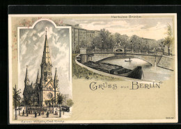 Lithographie Berlin, Herkules-Brücke, Kaiser Wilhelm Gedächtnis-Kirche  - Dierentuin