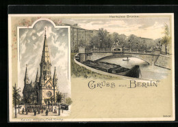 Lithographie Berlin, Herkules-Brücke, Kaiser Wilhelm Gedächtnis-Kirche  - Tiergarten