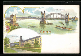 Lithographie Bonn, Marktplatz Mit Denkmal, Rheinbrücke  - Bonn