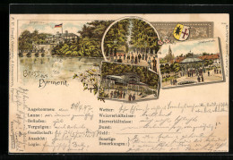 Lithographie Bad Pyrmont, Stahltrinkhalle, Helenenquelle, Hauptallee Und Schloss  - Bad Pyrmont