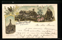 Lithographie Le Puy En Velay, Le Rocher Et Le Chateau De Polignac, L'Eglise St. Michel  - Le Puy En Velay