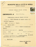 ITALIE 1969 MUNICIPIO DE VEROLI ( FROSINONE ) CERTIFICATO DI NASCITA 12/12/1918 VIGNETTE ITALIA ANTITUBERCOLARE DE 20 LI - 1961-70: Used