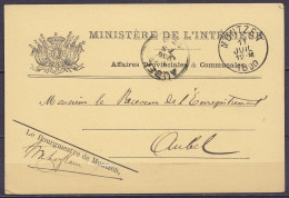 EP CP "Ministère De Intérieur" En Franchise Càd MONTZEN /11 JUIL 1890 Pour AUBEL - Càd Arrivée AUBEL - 1869-1888 Leone Coricato