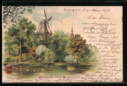 Lithographie Bremen, Wallpartie Mit Mühlen  - Windmills