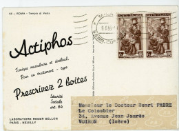 LABORATOIRE ROGER BELLON PARIS NEUILLY ROMA TEMPIO DI VESTA  ITALIE CP 1956 MILANO => FRANCE STRASBOURG - 1946-60: Storia Postale