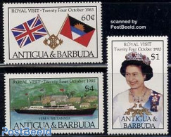 Antigua & Barbuda 1985 Royal Visit 3v, Mint NH, History - Transport - Flags - Kings & Queens (Royalty) - Ships And Boats - Case Reali