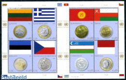 United Nations, Vienna 2011 Coins & Flags 8v M/s, Mint NH, History - Nature - Various - Flags - Horses - Owls - Money .. - Monedas